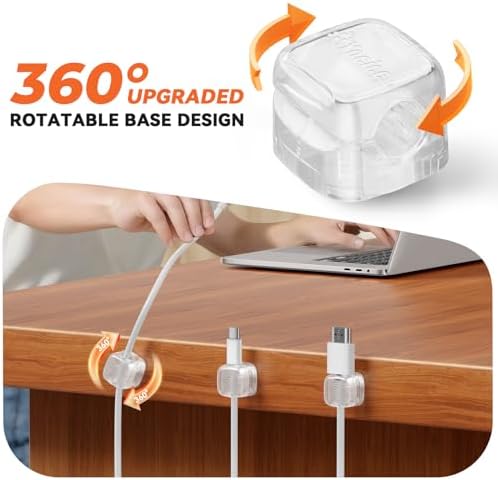 6Pack Cable Clips Cord Organizer for Desk, 360° Rotatable, Clear