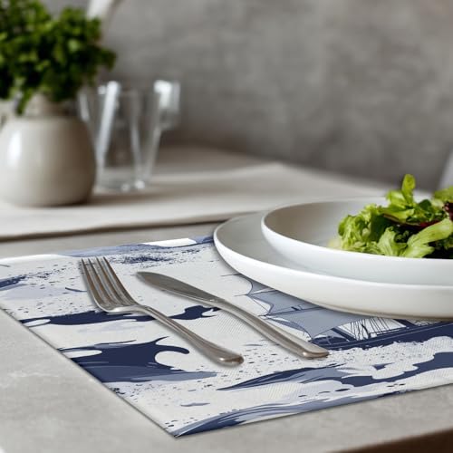 Sailing Ship Maritime Linen Placemats, Ocean Waves Nautical Table Mats for Table Washable Heat Insulation Thick Dining Mat, Indoor/Outdoor 12X18 in 8 Pcs