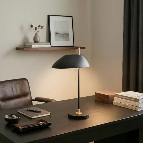 Modern Vintage Black Table Lamp, Industrial Minimalist All-Metal Bedside Lamp with Pull Chain Switch, Decorative Nightstand Lamp for Bedroom, Living Room, Office, E26 Bulb Base
