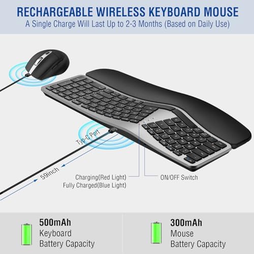 MK960 Ergo Wireless Keyboard Mouse Combo, Bluetooth/2.4G Split Design Keyboard with Palm Rest and 4 Level DPI Adjustable Wireless Mouse, Multi-Device, Rechargeable, for Windows/Mac/Android(Silver)