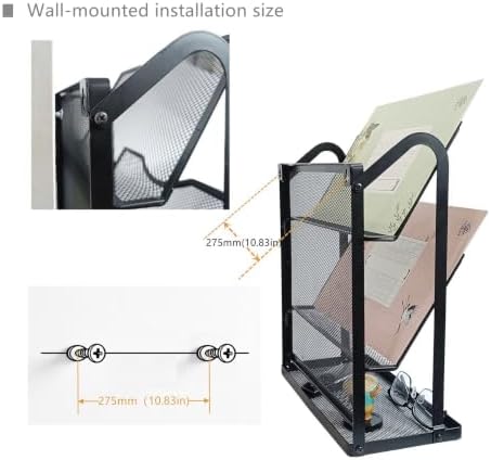 3-Tier Wall File Organizer for Office,Metal Folder Holder with 2 Hook,Black