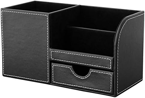 KINGFOM Desk Organizer Office Supplies Caddy Pu Leather Multi-function Storage Box Pen/Pencil,Cell phone, Business Name Cards Remote Control Holder with Small Drawer Black