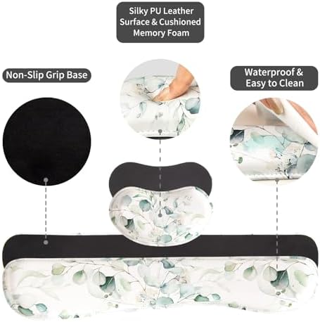QiyI PU Leather Desk Mat Set, 4-in-1 Ergonomic Wrist Rest, Eucalyptus