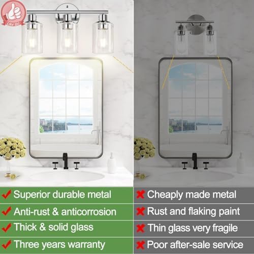 Zarbitta 3-Light Bathroom Light Fixtures, Chrome Bathroom Wall Light with Clear Glass Shade, Bathroom Wall Lamp for Mirror Kitchen Living Room Hallway Cabinet