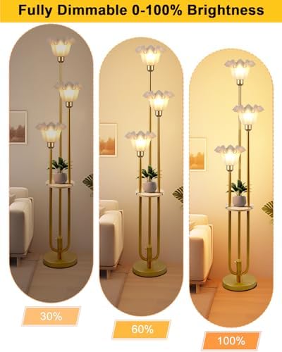 3-Flower Floor Lamp with Table Dimmable Gold Floral Floor Lamps