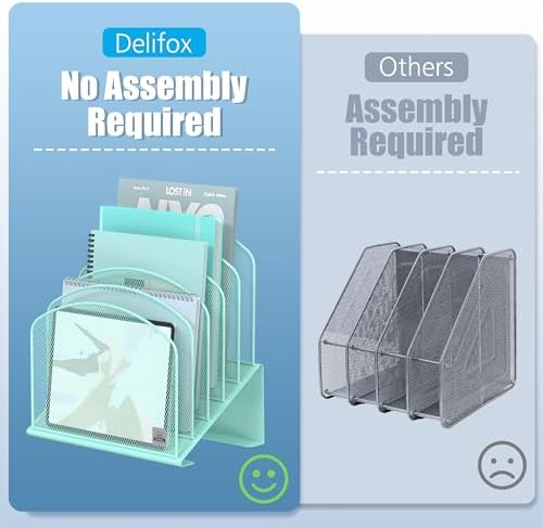 Delifox Inclined Desk File Organizer,Vertical File Folder Holder Stand Metal Rack File Sorter for Office Classroom Desktop Organization (1, Aqua, 5)