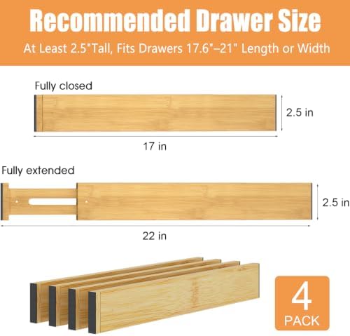 Bamboo Drawer Dividers, Adjustable Drawer Organizers, Fits 17.6–21" Drawers