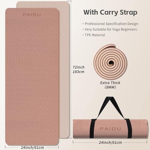PAIDU Yoga Mat 8mm TPE Non‑Slip Fitness Mat with Strap for Home Workouts