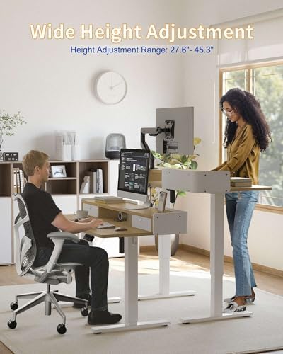 YIHAYO Electric Standing Desk with Drawers, 40 x 24 Inches Adjustable Desk with Storage Shelf, Stand Up Desk with Splice Board, Computer Table for Home Office, White Frame/Natural Top