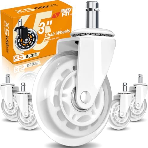 Office Chair Wheels for Casters Replacement - 3" Rubber Wheels for Computer Gaming Desk Caster Smooth & Safe Rolling for All Floors Including Hardwood and Carpet - Set of 5 - White