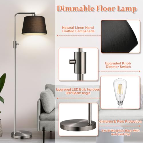 Nintiue 【Upgraded】 Dimmable Floor Lamp, 1000 Lumens LED Edison Bulb Included, Brushed Nickel Arc Floor Lamps Modern Standing Lamp with Black Shade, Tall Lamps for Living Room Bedroom
