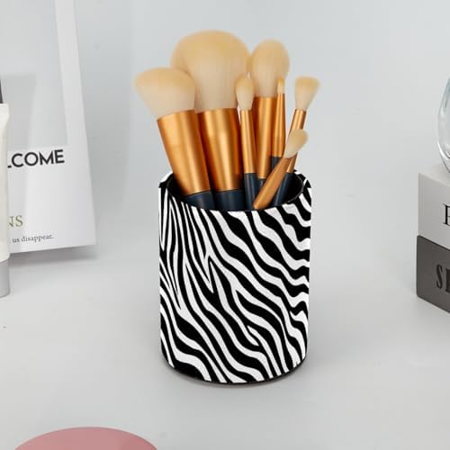 Leather Pen Holder for Desk, Zebra Print Pencil Cup Pen Organizer Makeup Brush Holder for Office Home Kids Countertop Desk Accessory Storage