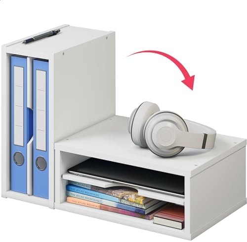 Ballucci File Organizer, 2-Tier Document Paper Sorter, Stackable Wood Desk Organizer Mail Holder, Monitor Stand with Storage Shelves, White