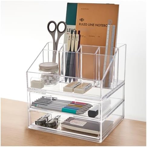 STORi Stackable Desk and Drawer Organizer, Clear, 6 Compartment Organizer with 2 Wide Drawers