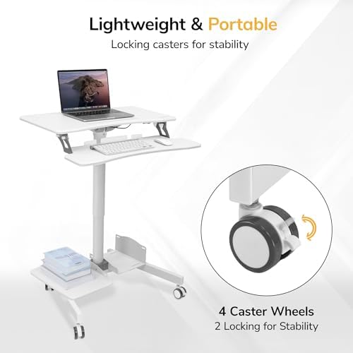 Mount-It! Mobile Computer Cart, Height-Adjustable Rolling Workstation with 28" Desktop, Keyboard Tray, Storage Shelves & Locking Wheels, Mobile Computer Stand for Office, Classroom, or Home