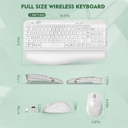 Wireless Keyboard and Mouse Combo, Full-Sized Ergonomic Wave Keys Keyboard with Memory Foam Wrist Rest & Phone Holder, 2.4G Quiet Keyboard Mouse Work Setup for PC Laptop, Office or Home (White)