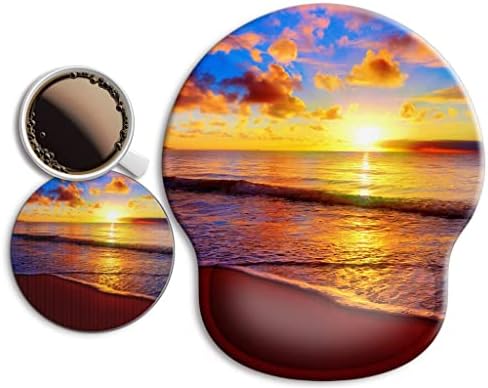 Ergonomic Mouse Pad with Wrist Support Rest,Large Mousepad Gel Wrist Rest, with Coaster Non-Slip & Pain Relief for Computer, Desk, Home&Office-Sunset Beach