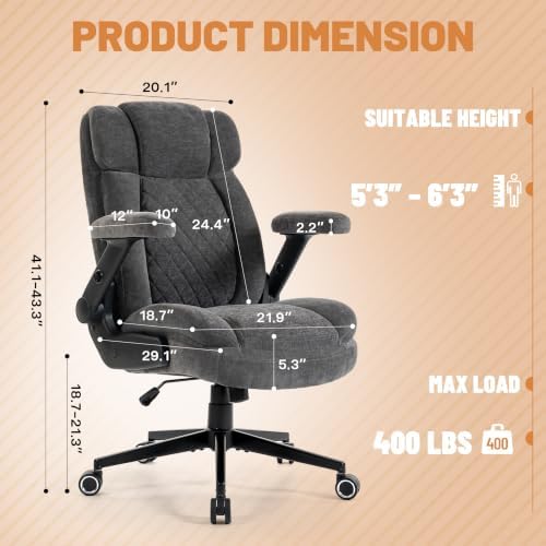 Blue Whale 400lbs Executive Office Chair with 5D Flip Armrests, Grey Fabric
