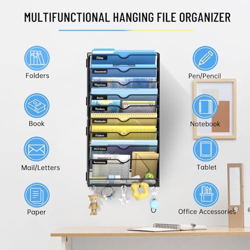 SUPEASY 10-Tier Wall File Organizer with Hooks, Wall Mounted Mail Organizer