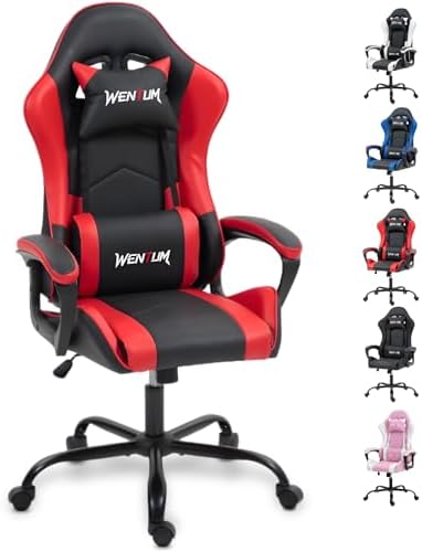 Ergonomic Massage Gaming Chair for Kids Adults, Comfy PU Leather Office Desk Chair with Adjustable Headrest Lumbar Support 360° Swivel, Red