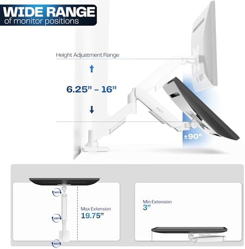 VIVO Single Monitor Stand, Fully Adjustable Arm for 17 to 32 inch Screen, Mechanical Articulating Desk Mount, Gaming and Office Setups, VESA 75x75, 100x100, Max 19.8 lbs, Classic, White, STAND-V001OW