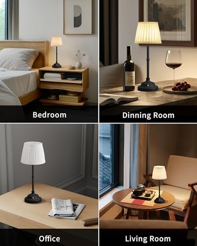 KDG Black Cordless Portable LED Table Lamp, White Fabric Shade Desk Lamp