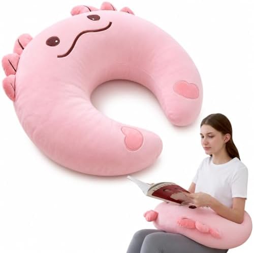 Cute Gaming Pillow for Lap - Plush Reading & Crocheting Pillow for Sitting in Bed, Soft Arm Support Cushion for Tablet/iPad, Kawaii Room Decor Gift Teen Girls & Pink Axolotl Lovers