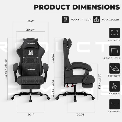 Gaming Chair with Footrest, Ergonomic Computer Chair with Lumbar & Headrest Support for Adults, High Back Office Desk Chair with 360°Swivel Wheels for Game and Work, Breathable Fabric，Black