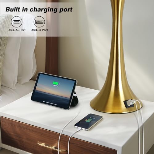 Rinweey 27.5" Gold Lamps for Living Room, Touch Control 3-Way Dimmable Bedside Nightstand Lamps Bedroom Lamp,Modern Gold Table Lamp with USB A+C Ports,Tall Lamps for Living Room End Table（1Pack）