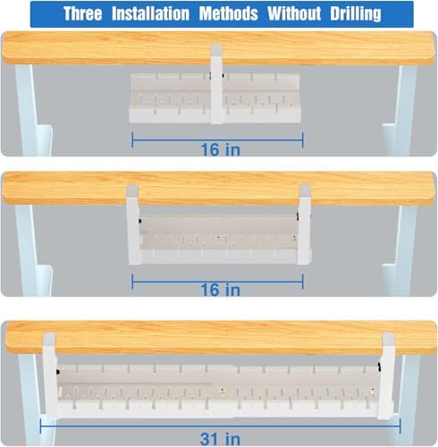 No Drilling Under Desk Cable Management, Metal Cable Management Tray Under Desk with Clamp, Retractable Power Strip Cord Holder for Wire Management 31Inch (2 Pack White)