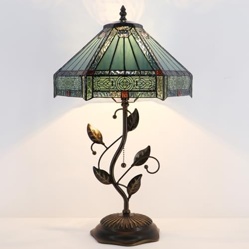 Tiffany Table Lamp, Stained Glass Desk Light, W12H19 Inch, Metal Leaf Base (Mission Style)