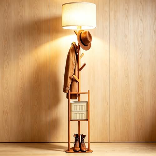 Coat Rack Standing Lamp Floor Lamp with Shelves, Modern Tall Lamp with 5 Hooks Clothes Rack, 3 Color Dimmable Floor Lamps for Bedroom, Living Room, Entryway, Corner