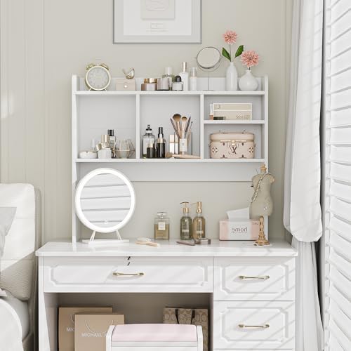 SUPER DEAL Desktop Bookshelf, Countertop Storage Hutch with 4 Shelves for Computer Desk, 2-Tier Display Rack, Multipurpose Wood Desk Hutch Storage Organizer for Home Office Dorm, White