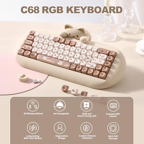 YUNZII C68 Silicone Cute Cat Mechanical Keyboard (Brown,Cocoa Cream Switch)