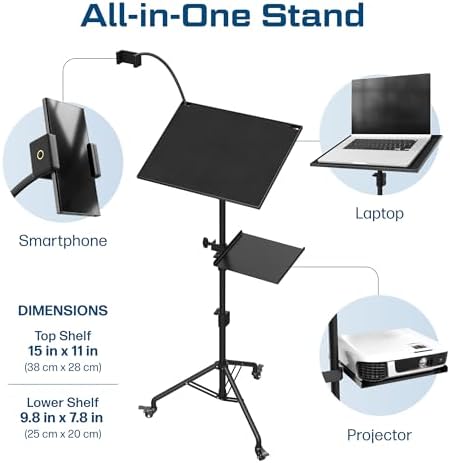 Projector Stand Tripod Laptop Tripod with Wheels & Adjustable Height Portable Podium Stand with Phone Holder Projector Holder for Home, Office, School & DJ Matte Black