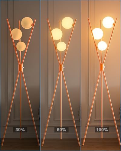 3 Globe Dimmable Tripod Floor Lamp, Mid Century Standing Lamps with 3Pcs 3000K Bulbs Included, Modern Tall Lamp for Living Room Bedroom Home Office Sofa Beside Corner Decor-Orange