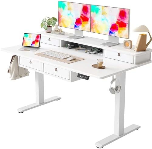 TIQLAB 55 * 28 Inch Standing Desk with Four Drawers, Electric Sit Stand Table, Stand Up Desk Adjustable Height with Storage Shelf, Splice Board, White