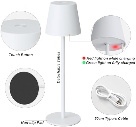Kakanuo White Cordless Table Lamp Rechargeable - 2 Pack 5000mAH Battery Operated Lamp for Table, 3 Color Stepless Dimming Wireless Lamp for Kitchen Counter, Touch Control