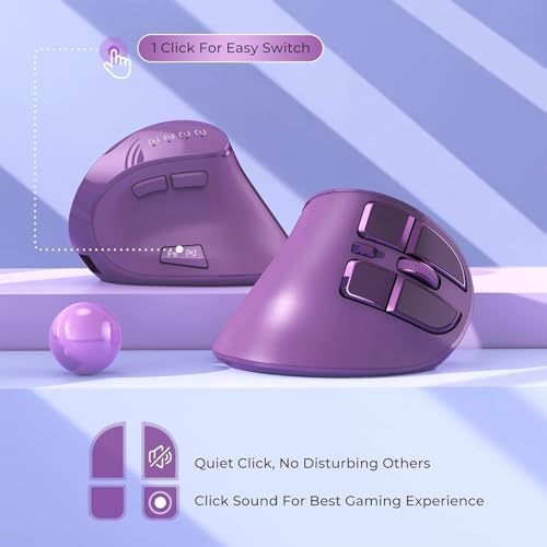Vertical Mouse, Wireless Ergonomic Optical Mouse (BT 5.0 + Bluetooth 3.0 + USB Connection) with 9 Buttons, Rechargeable Computer Mouse for Wins PC/Laptop, Mac (Purple)