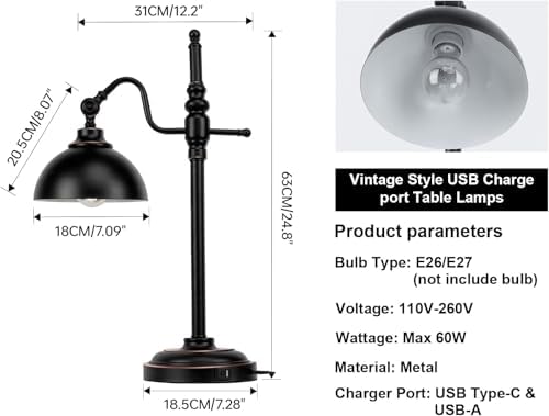 2 Pack Industrial Desk Lamp with 2 USB Charging Port,Black Metal Table Lamp,Adjustable Head Lamp with USB Port for Office Living Room Dorm Farmhouse Reading
