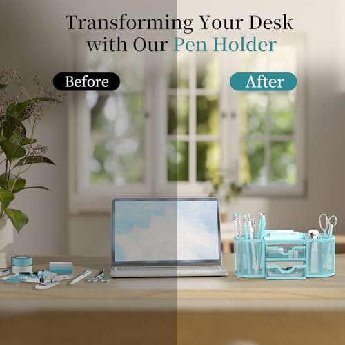 SUPEASY Mesh Desk Organizer, Pen Holder for Desk with 2 Drawers, Blue