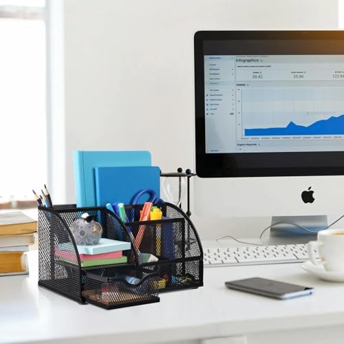 Comix Mesh Pen Pencil Holder Desk Organizer, 7 Compartment Wire Desktop Pen Pencil Cup Caddy Office Supplies for Home Office School, Black