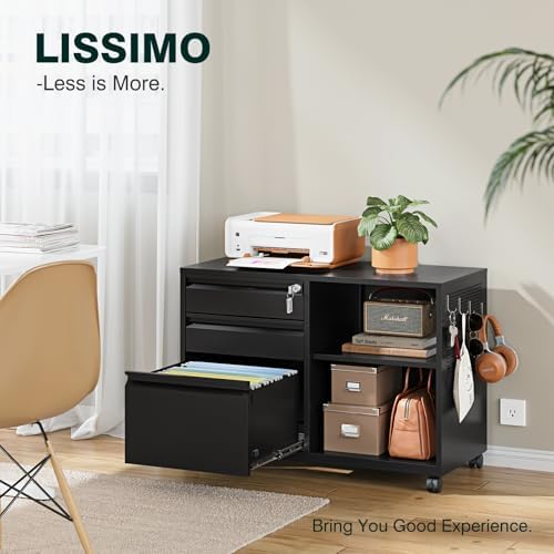3 Drawer File Cabinet with Lock,Mobile Lateral Filing Cabinet with Side Hook for Letters/Legal/A4, Metal Printer Stand Storage Cabinets with Shelves for Home Office(Black)