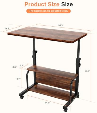QZMDSM Portable Rolling Desk on Wheels Adjustable Height Desks for Small Spaces, 32" Computer Desk Drafting Tables with Storage Shelves for Home Office Rustic