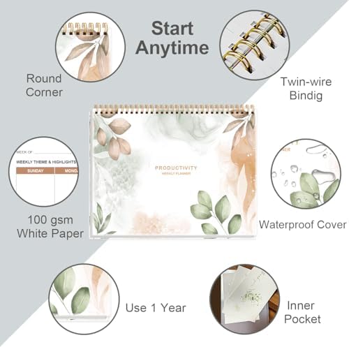 Weekly Productivity Planner - 8.5" x 11" Dashboard Desk Notepad Has 6 Focus Areas to List Tasks for Goals, Projects, Clients, Academic or Meal-Organize Your Daily Work Efficiently, 54 Weeks, Rose Leaf