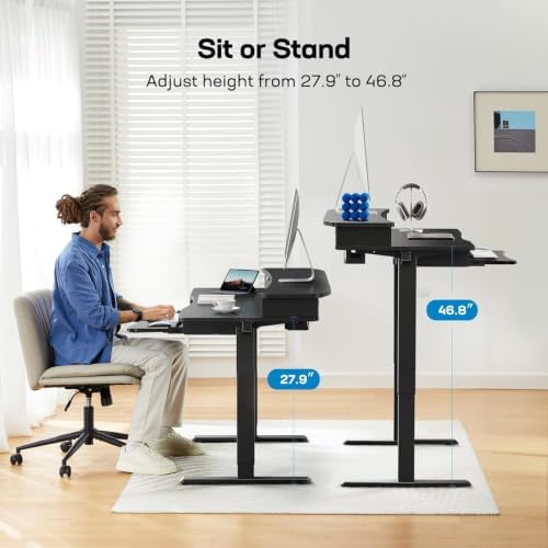 HUANUO 55" x 26" Electric Standing Desk, 2 Drawers & Keyboard Tray, Black