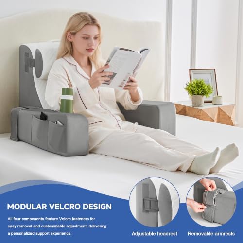 Reading Pillow for Bed, Back Pillow for Bed Sitting Up, Bed Pillows for Sitting Up with Adjustable Armrests, Cup Holder & Large Pocket, Backrest Cushion for Reading, Watching TV (WhiteGray, 4PCS)