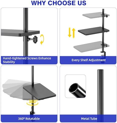 3 Tiers Clamp On Desk Shelf, 360° Angle Adjustable Desktop Shelf Organizer for Home Office Gaming Room, No Drill Desk Extender Adapt to 0.4-2.16 inches Table Thick, Black Brown