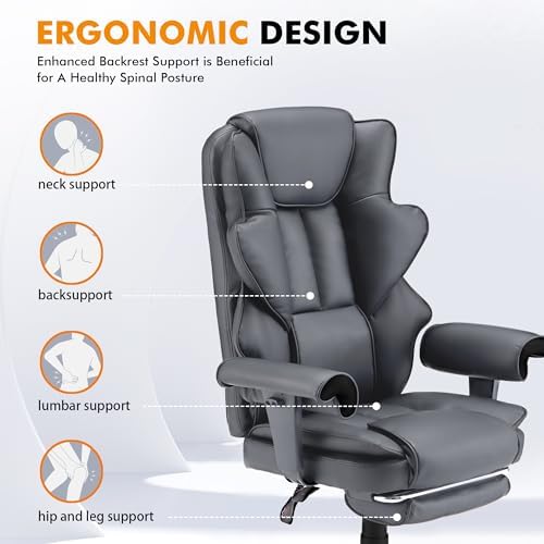 HOMREST 6-Point Massage Executive Chair, Heated Office Chair, Ergonomic Home Office Desk Chairs with Retractable Footrest & Adjustable Armrest, Leather Computer Chair with Reclining Function, Grey