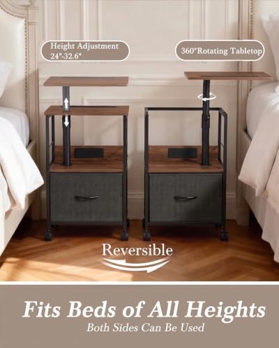 Faesun Night Stand with Charging Station & Swivel Top, Walnut Gray
